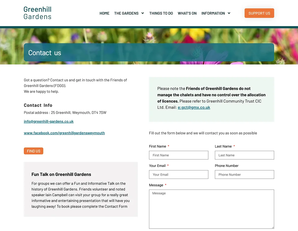 Greenhill Gardens Contact Us page