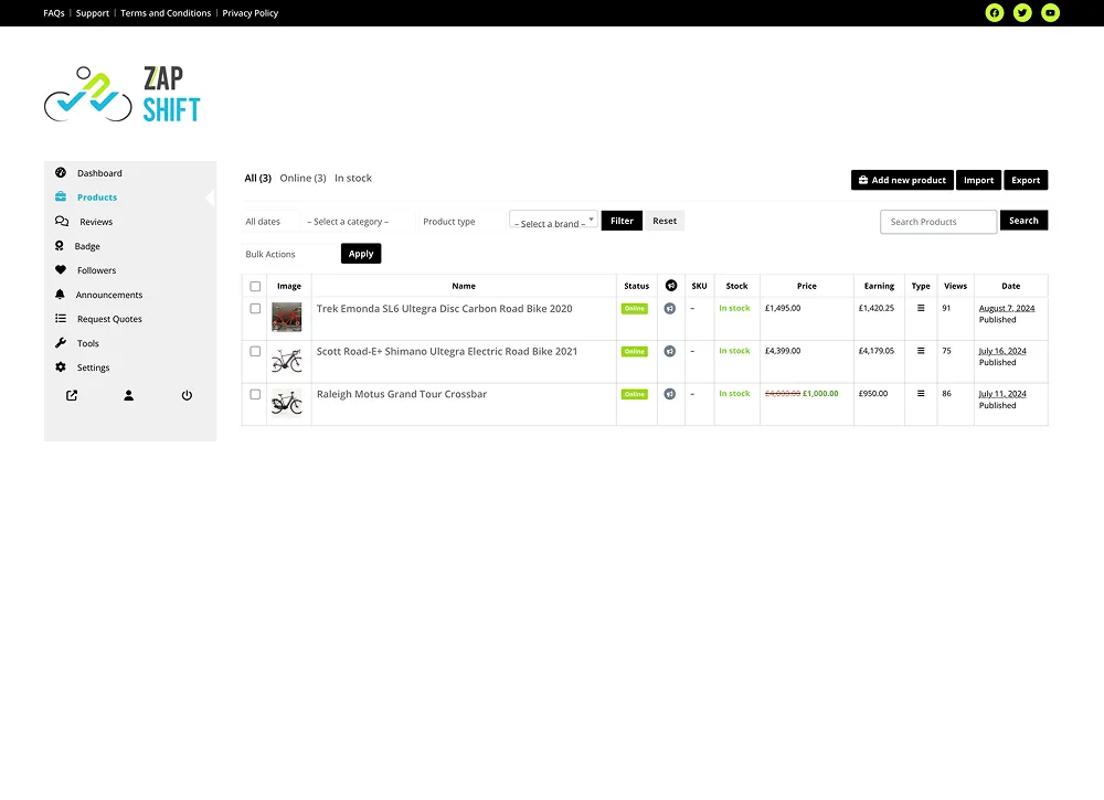 Zapshift Vendor Dashboard page
