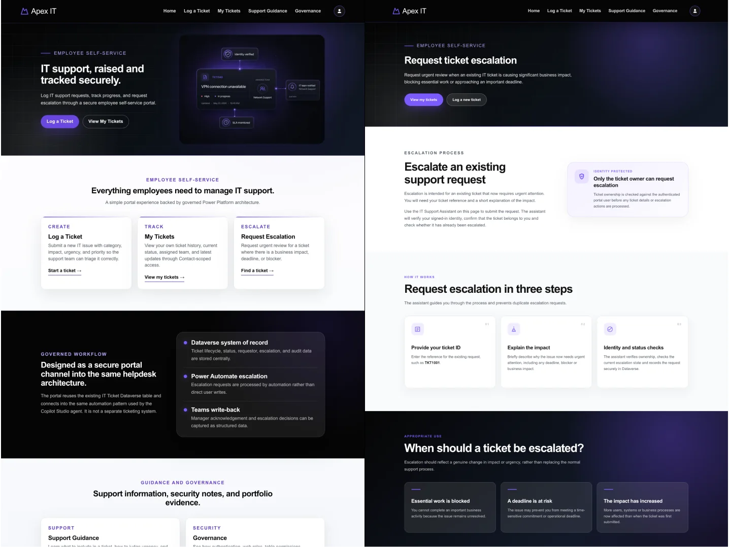 Home page and Escalate a Ticket page